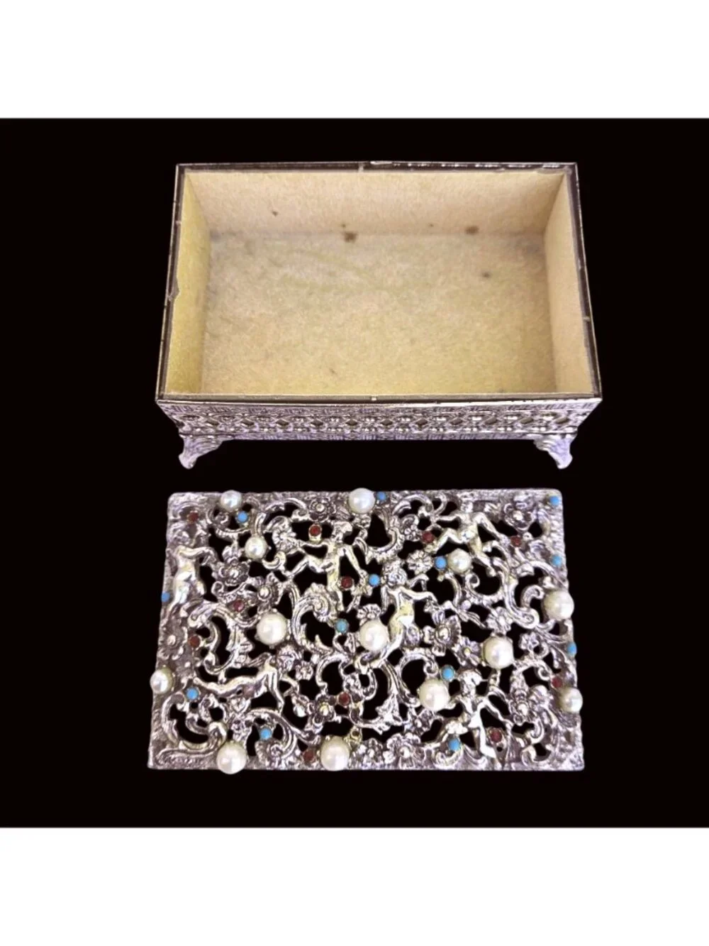 Vintage Hollywood Regency Gold Tone Filigree Jewelry Box Faux Pearl Turquoise